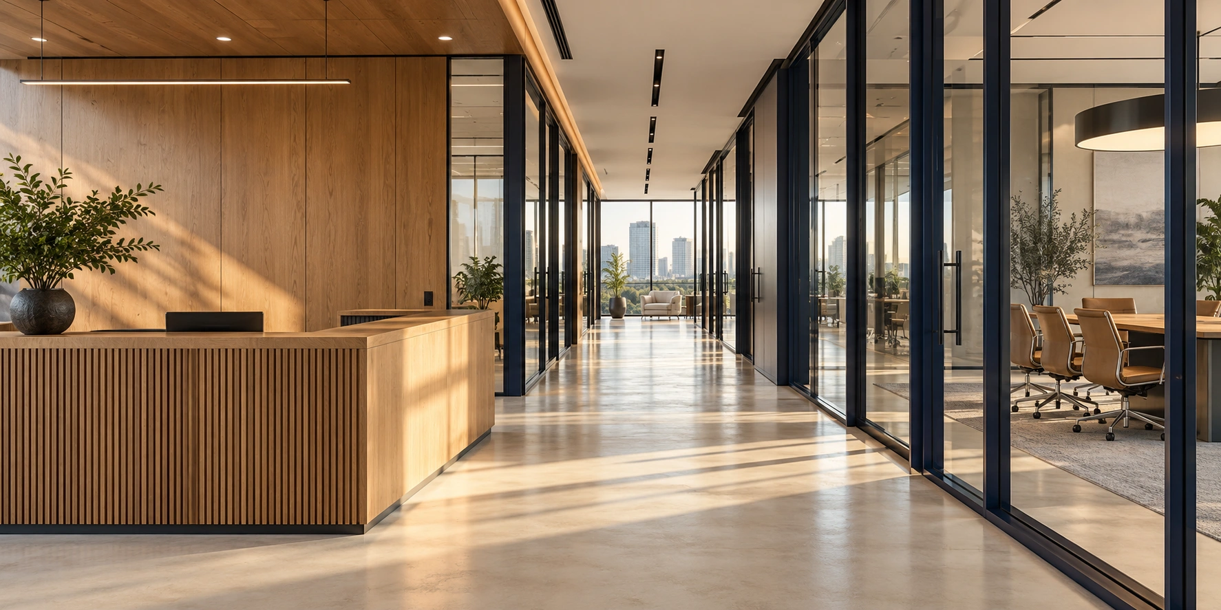Illustrative commercial office corridor with oak reception desk and glass offices