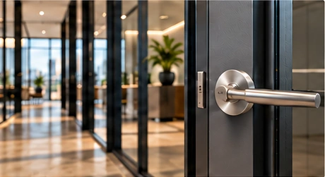 Illustrative commercial door lever and maintained office corridor